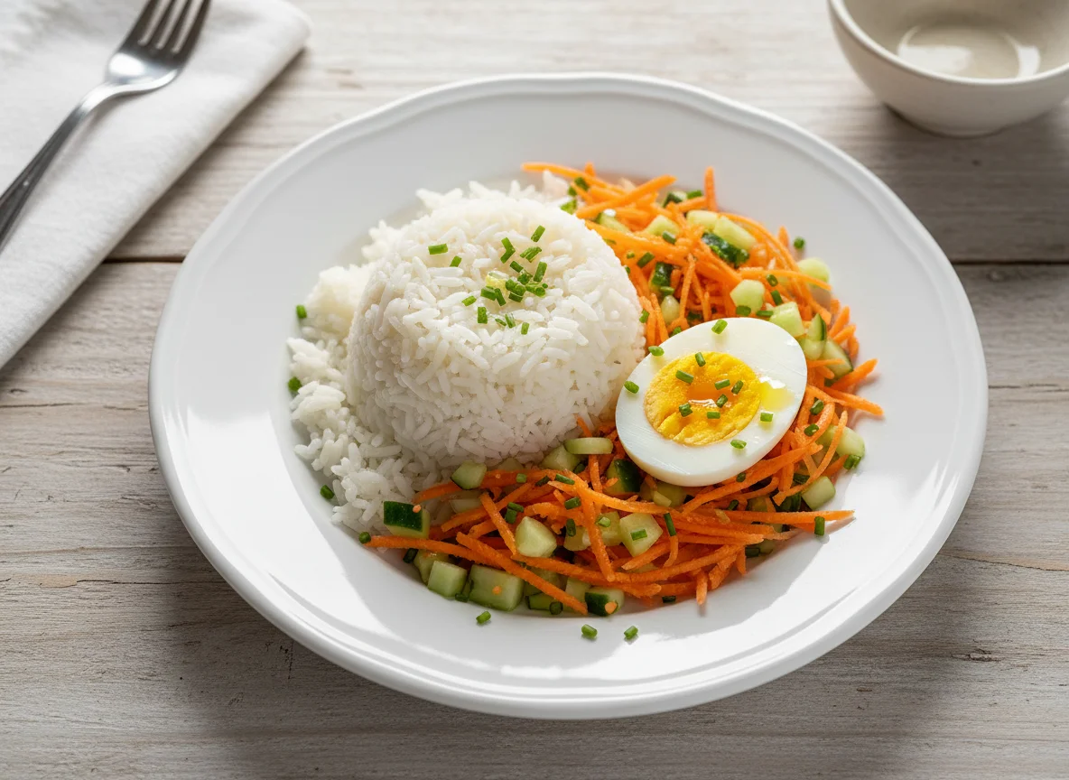 Arroz com salada e ovo photo