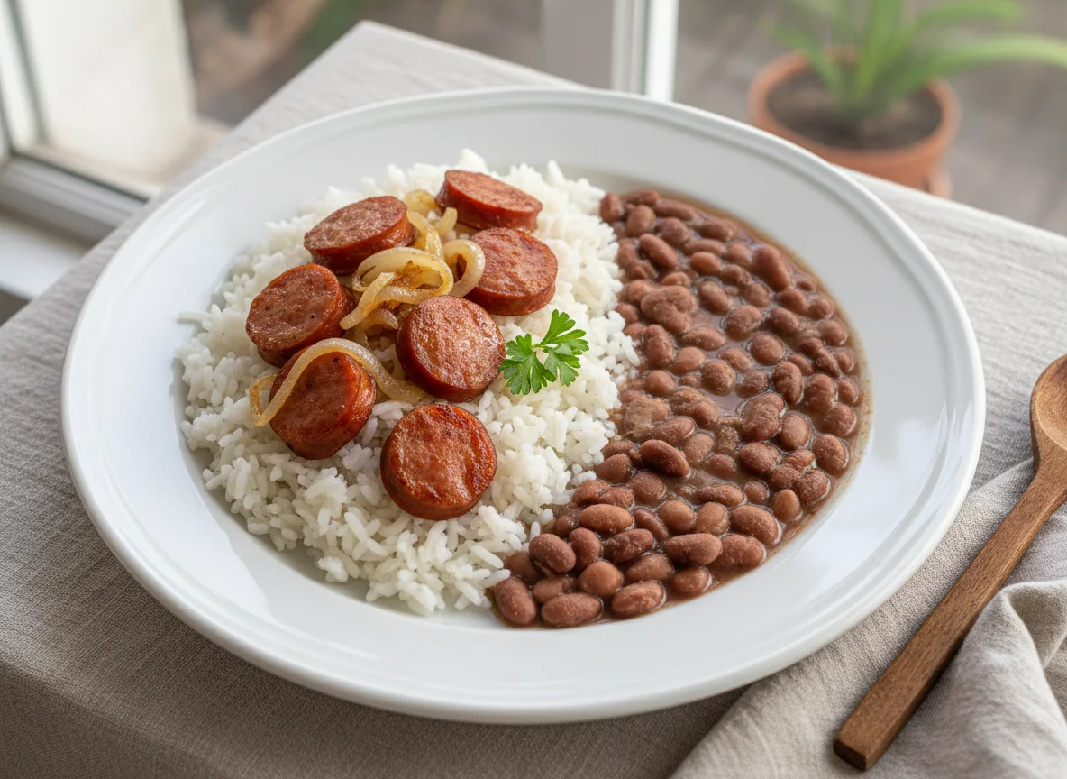 Arroz com salsicha e feijão photo