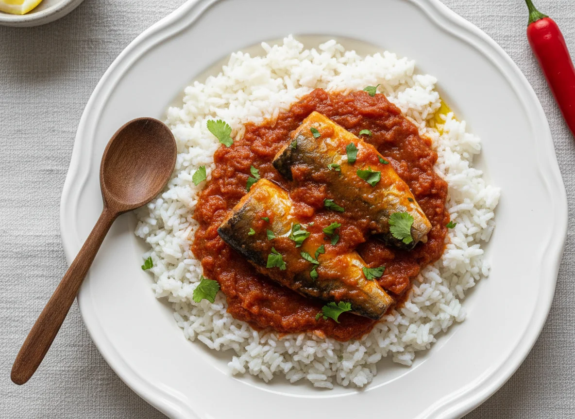 Arroz com sardinha em molho photo