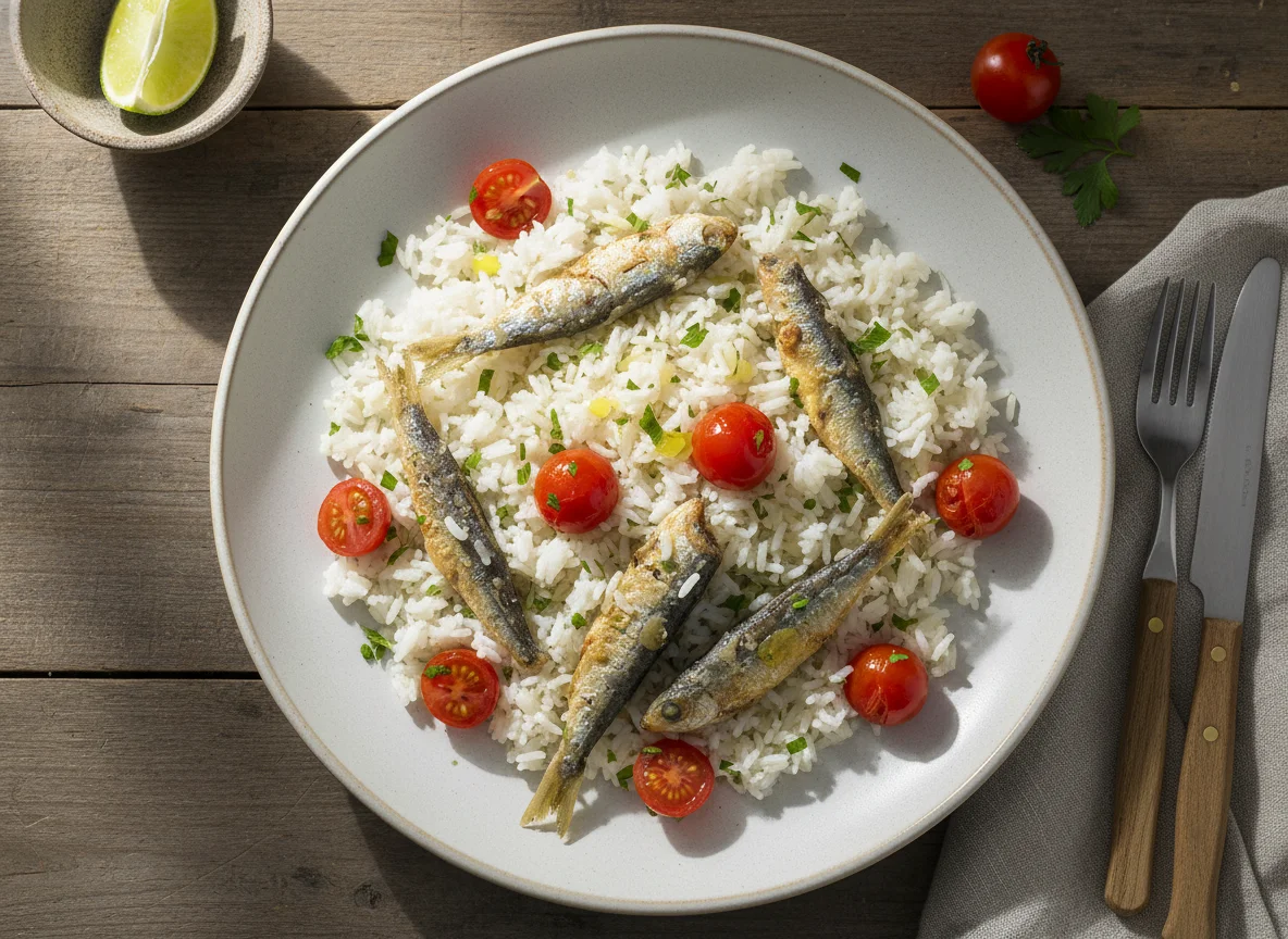 Arroz com Sardinhas Fritas e Tomate Cereja photo