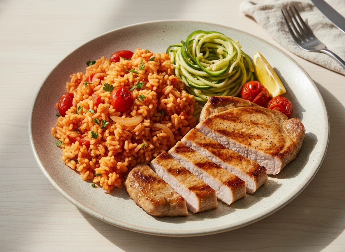 Arroz com tomate, espaguete de abobrinha e carne de porco photo