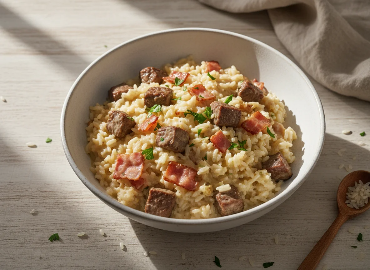 Arroz cremoso com bacon e carne em cubos photo