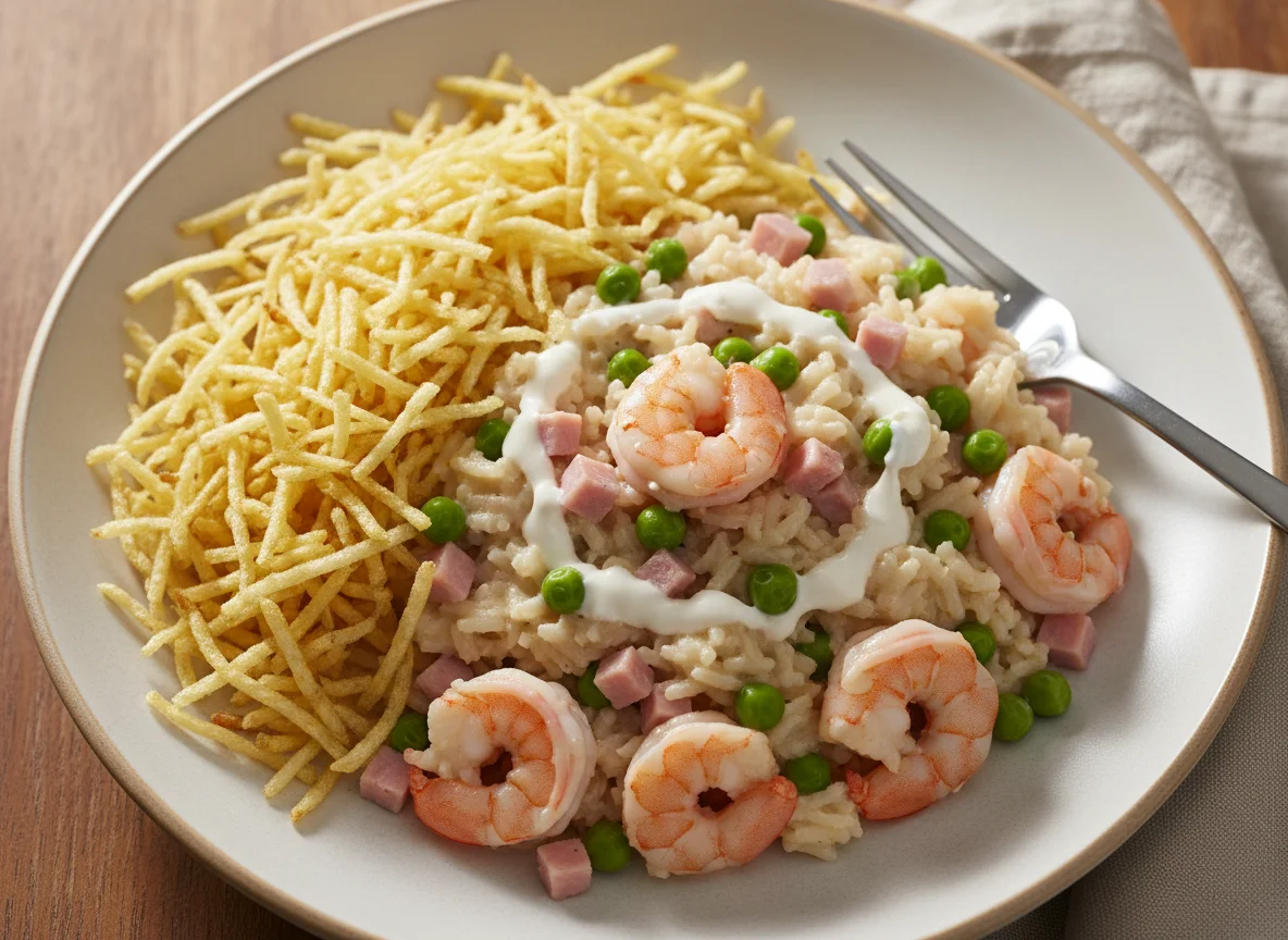 Arroz cremoso com camarão, ervilha, presunto e batata palha photo