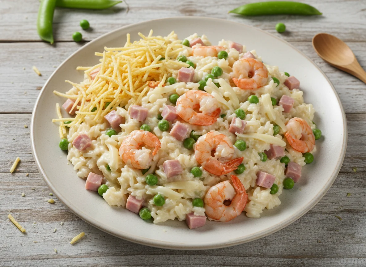 Arroz cremoso com camarão, presunto e ervilha photo