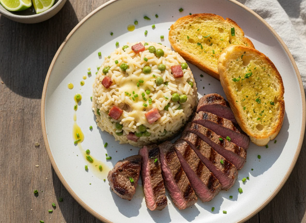 Arroz cremoso com carne grelhada e pão de alho photo
