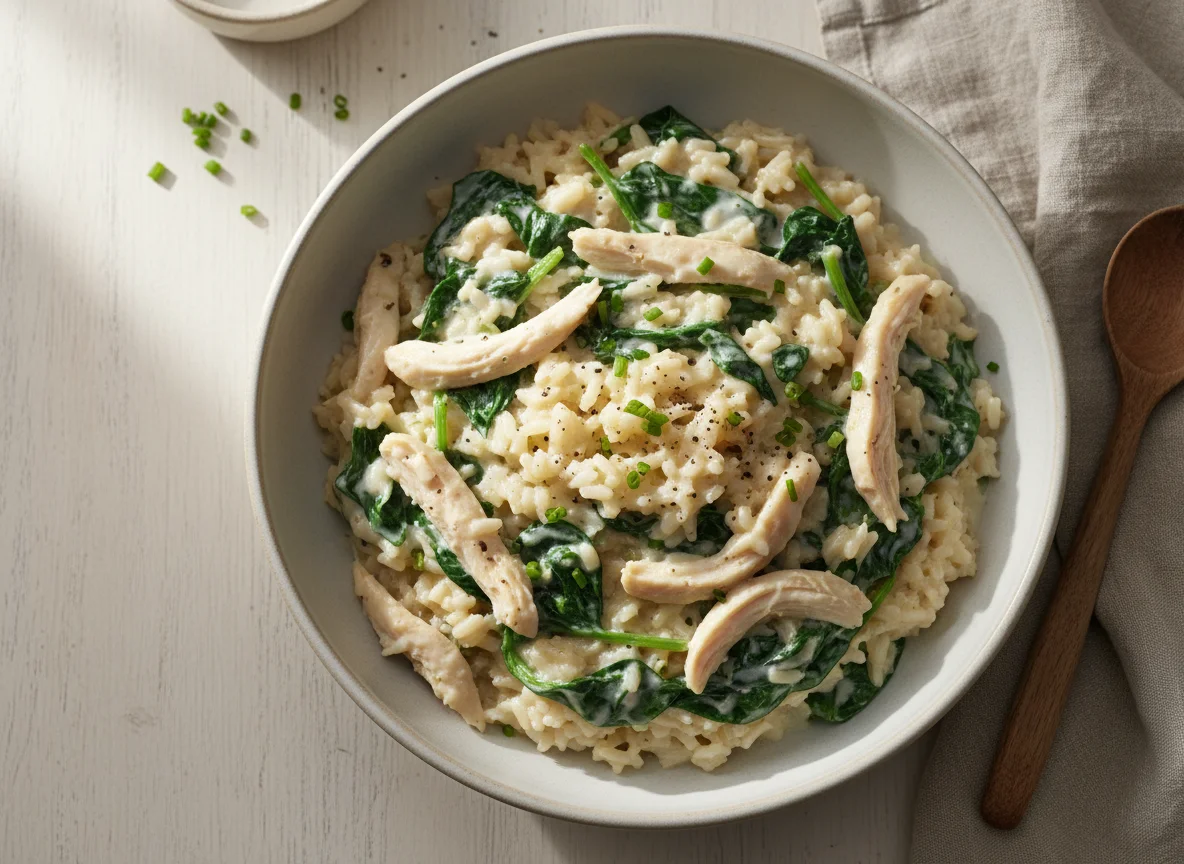 Arroz cremoso com frango e espinafre photo