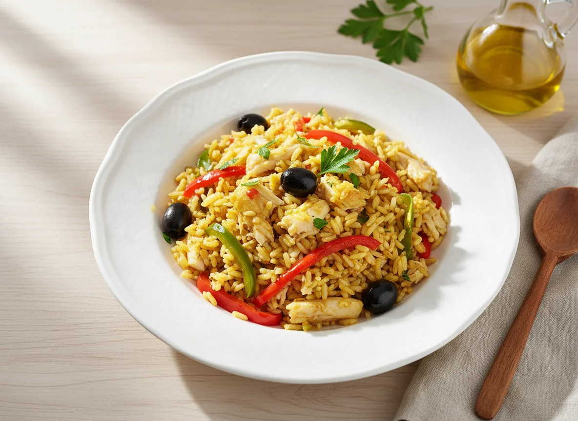 Arroz de bacalhau com pimentos verdes e vermelhos photo