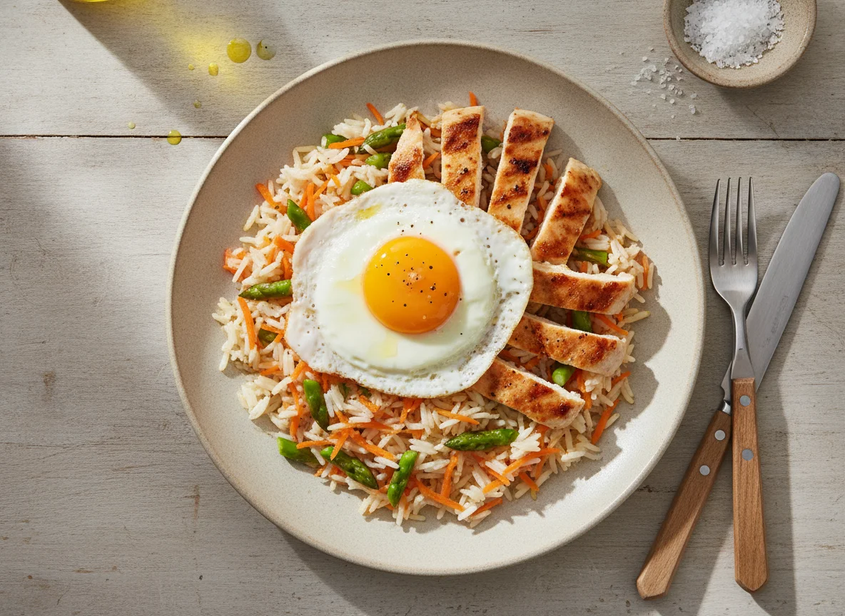 Arroz de cenoura e espargos com tiras de frango e ovo estrelado photo