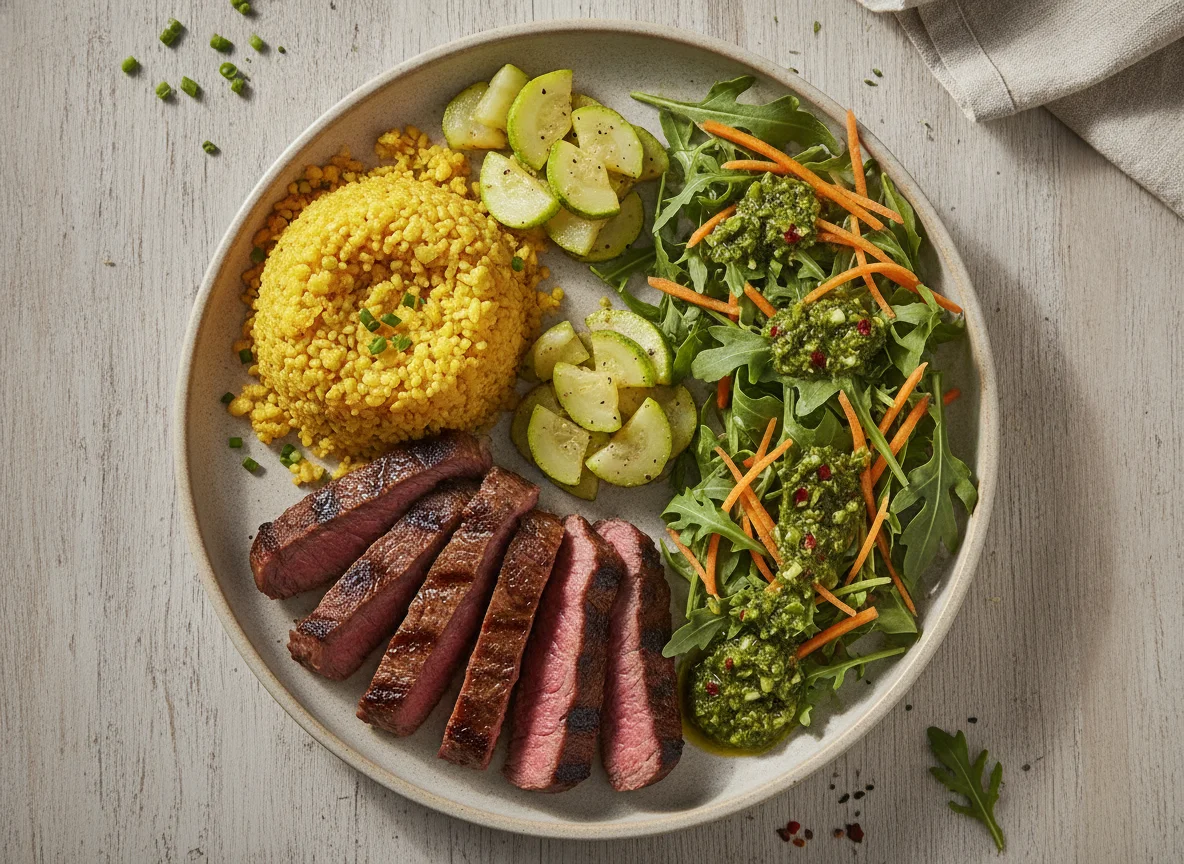 Arroz de couve flor com cúrcuma, carne grelhada e salada photo