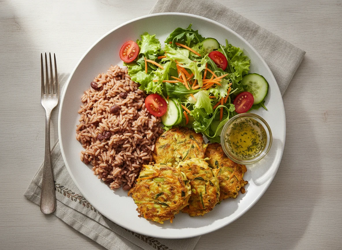 Arroz de feijão com pataniscas de legumes e salada mista photo