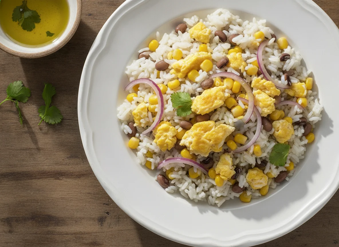 Arroz de feijão frade com milho e ovo photo