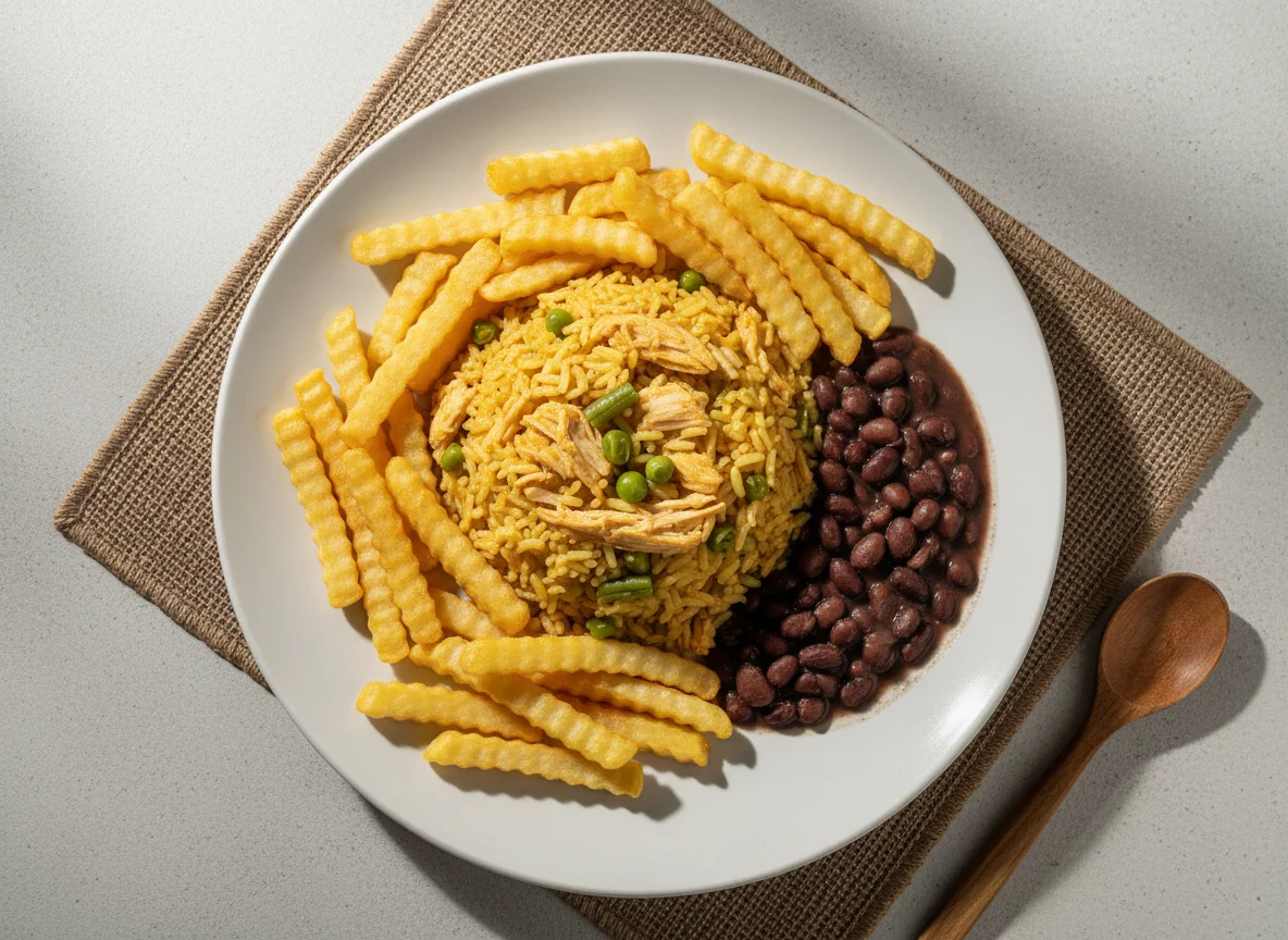Arroz de frango com batatas fritas photo