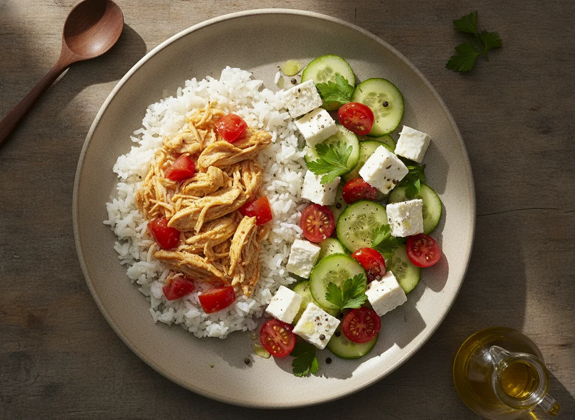 Arroz de frango com tomate e salada de queijo feta photo