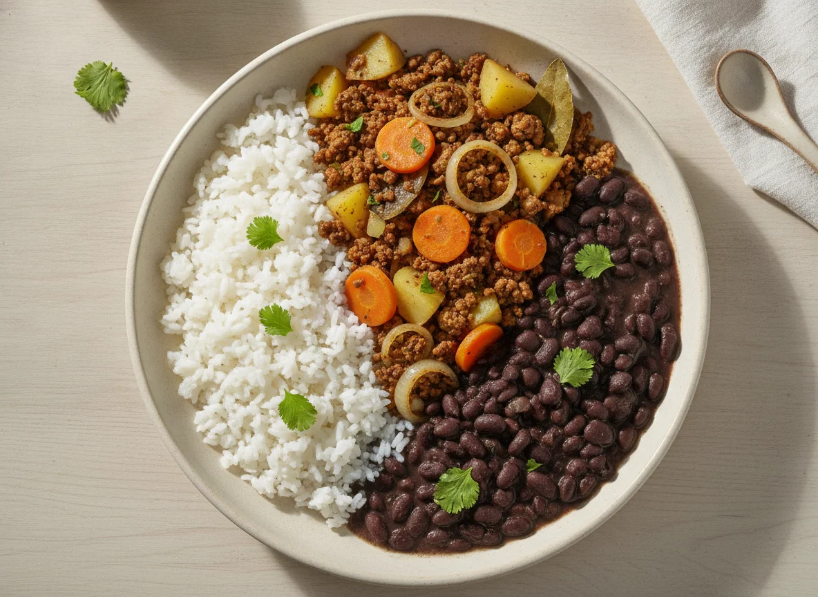 Arroz de Konjac com Feijão Preto e Carne de Soja com Legumes photo