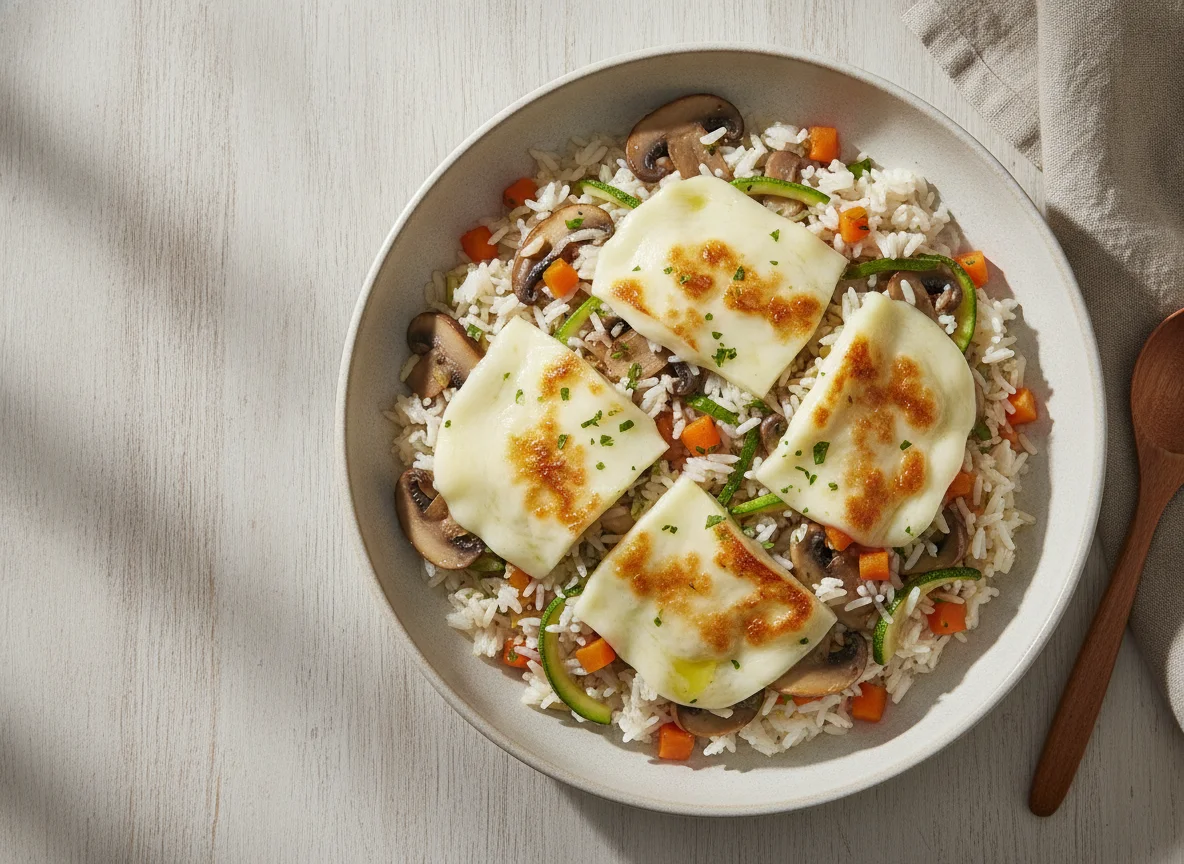 Arroz de legumes com queijo derretido photo