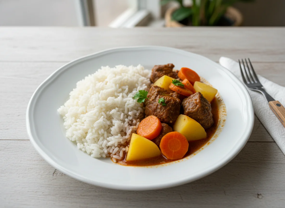 Arroz e ensopado de carne com legumes photo