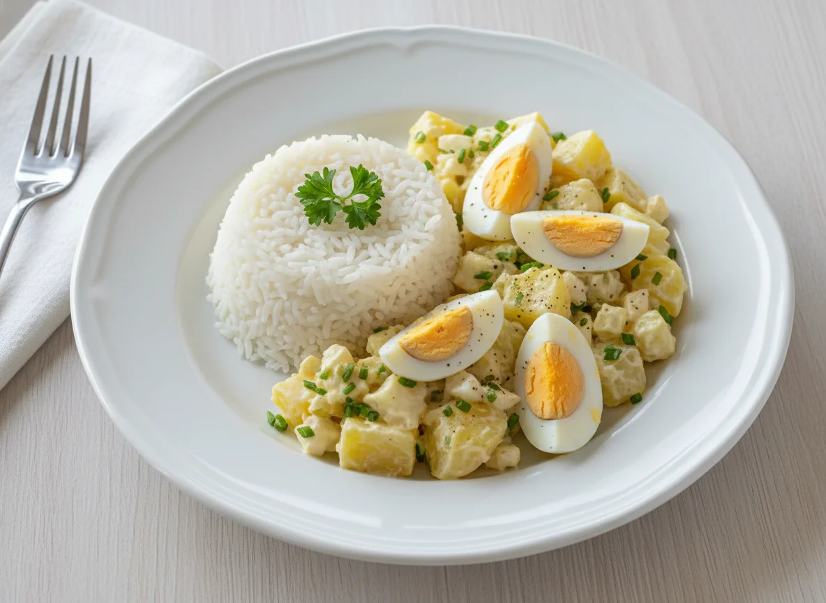 Arroz e Salada de Batata com Ovo photo