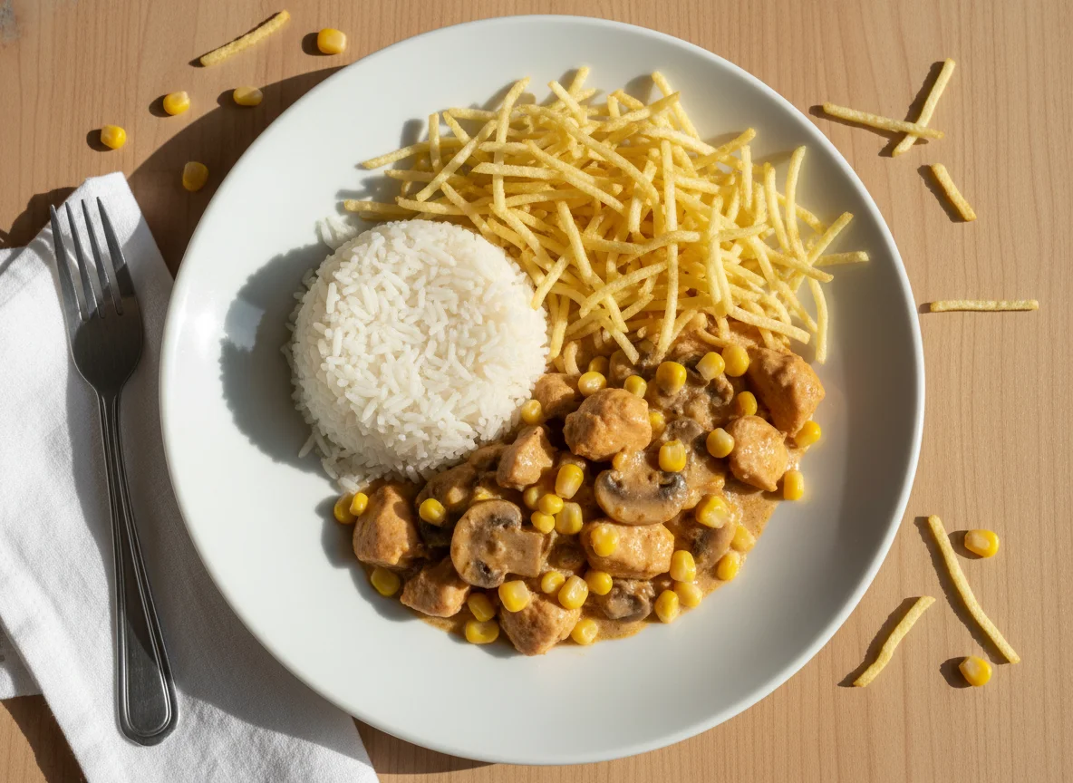 Arroz, estrogonofe de frango e batata palha photo