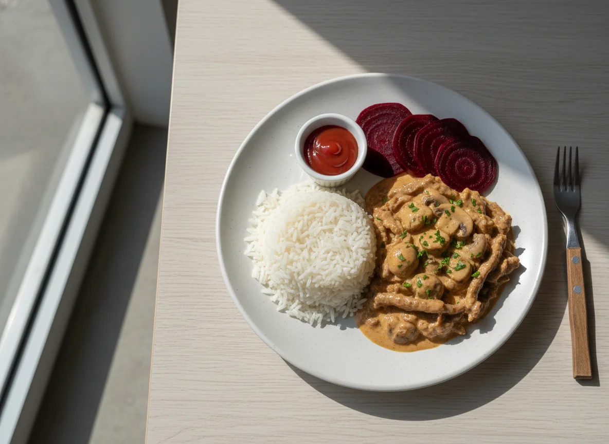 Arroz, estrogonofe e beterraba photo