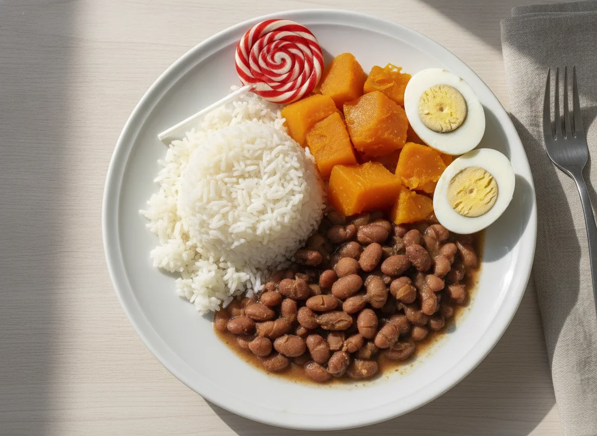 Arroz, feijão, abóbora e ovos cozidos photo