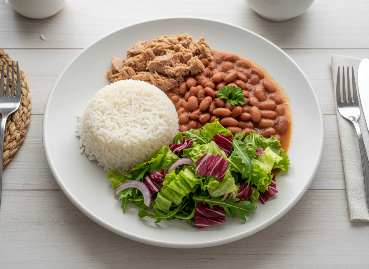 Arroz, feijão, atum e salada mista photo