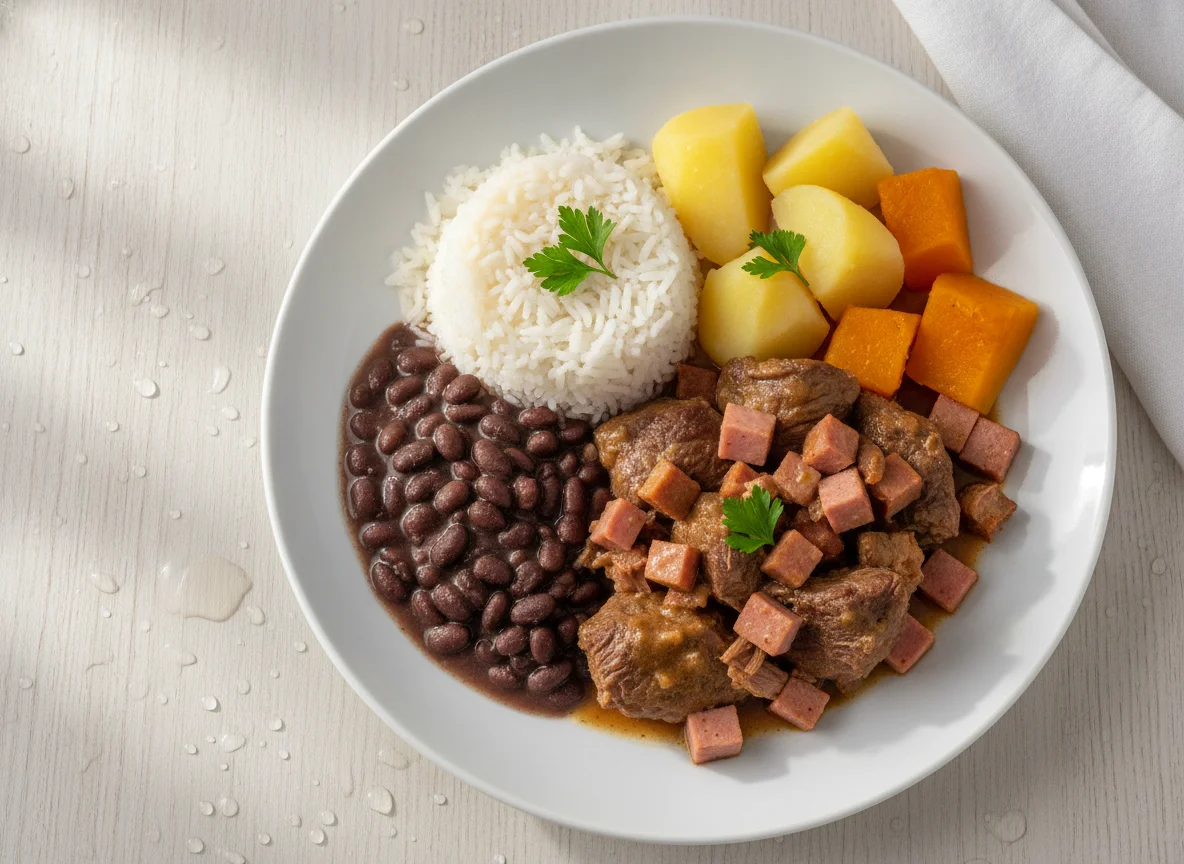 Arroz, feijão, batata, abóbora e carne photo