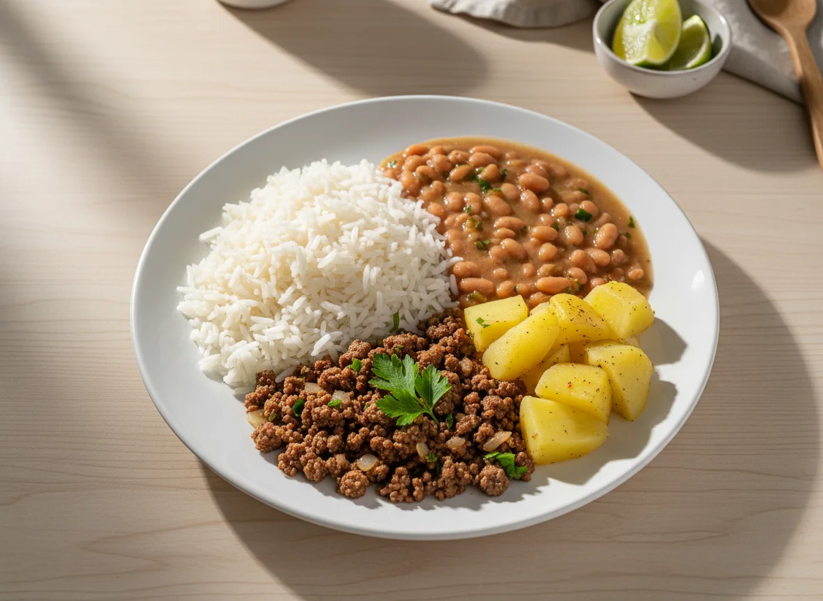 Arroz, feijão, batata e carne moída photo