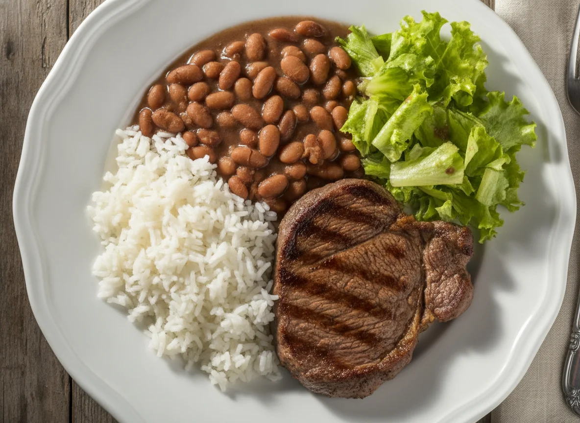 Arroz, feijão, bife e salada photo