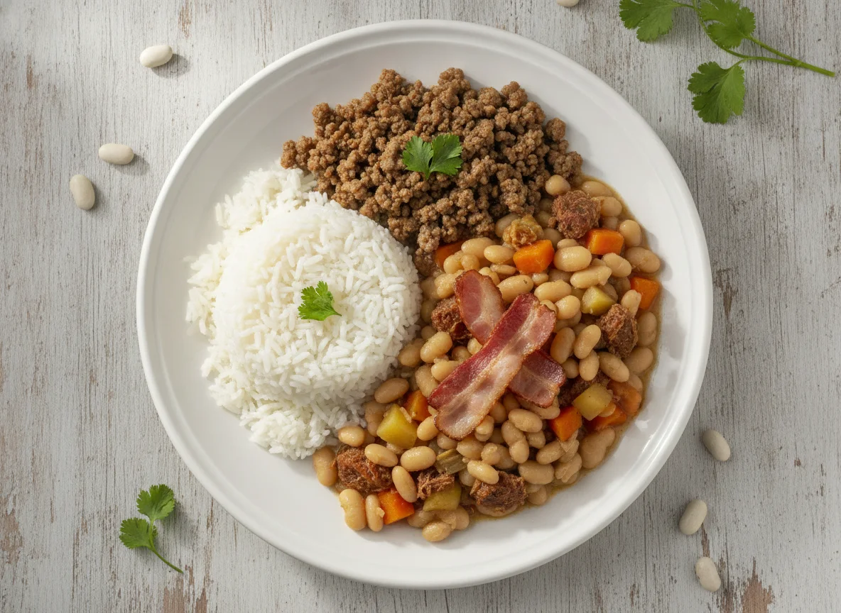 Arroz, feijão branco com legumes e carne moída photo