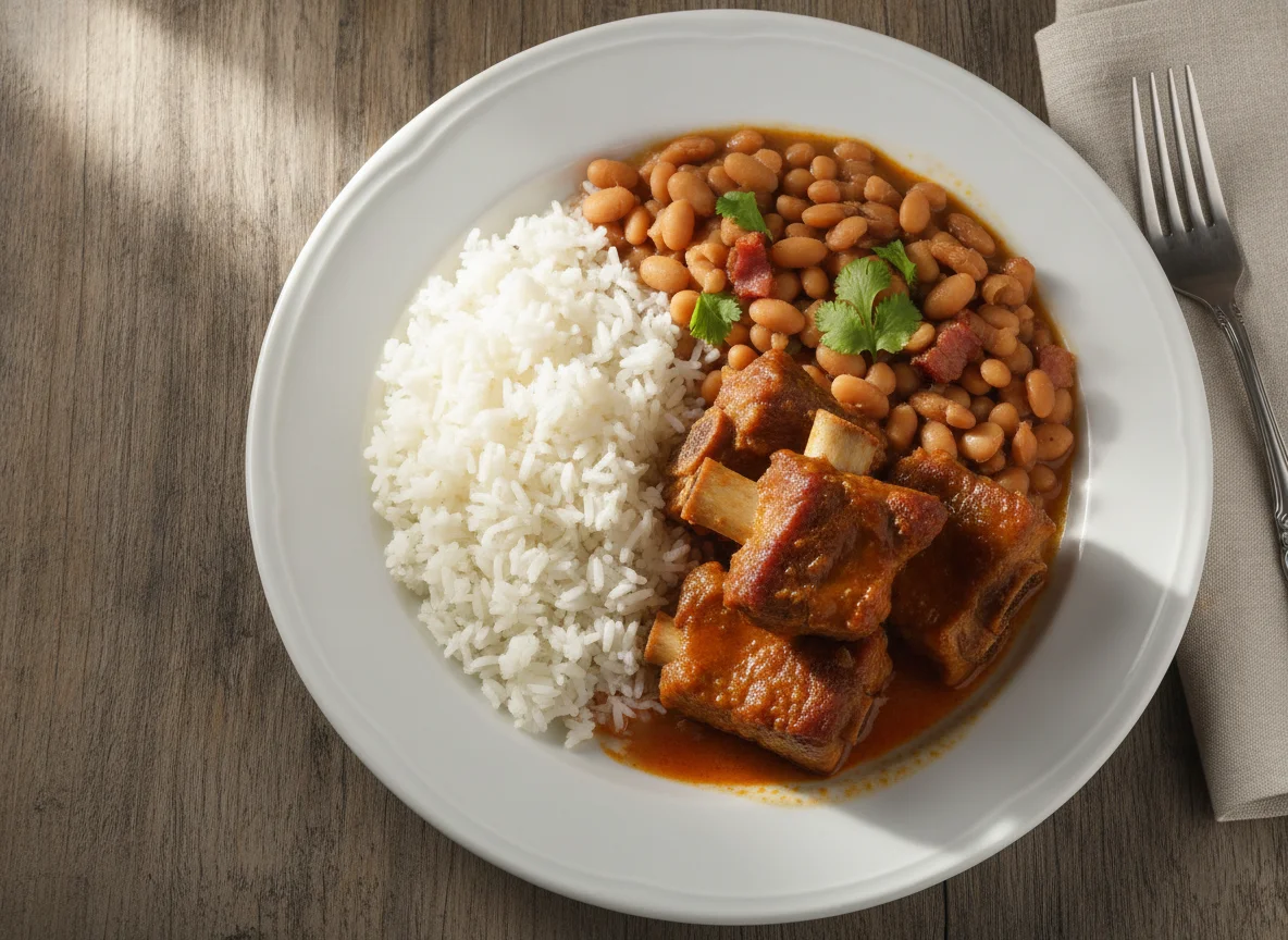 Arroz, feijão carioca e carne cozida photo