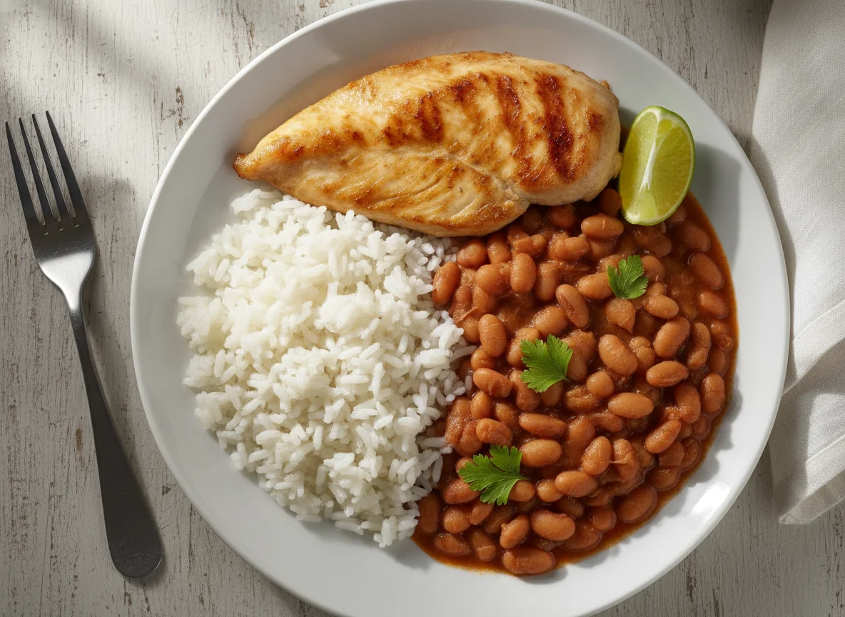 Arroz, feijão carioca e filé de frango grelhado photo