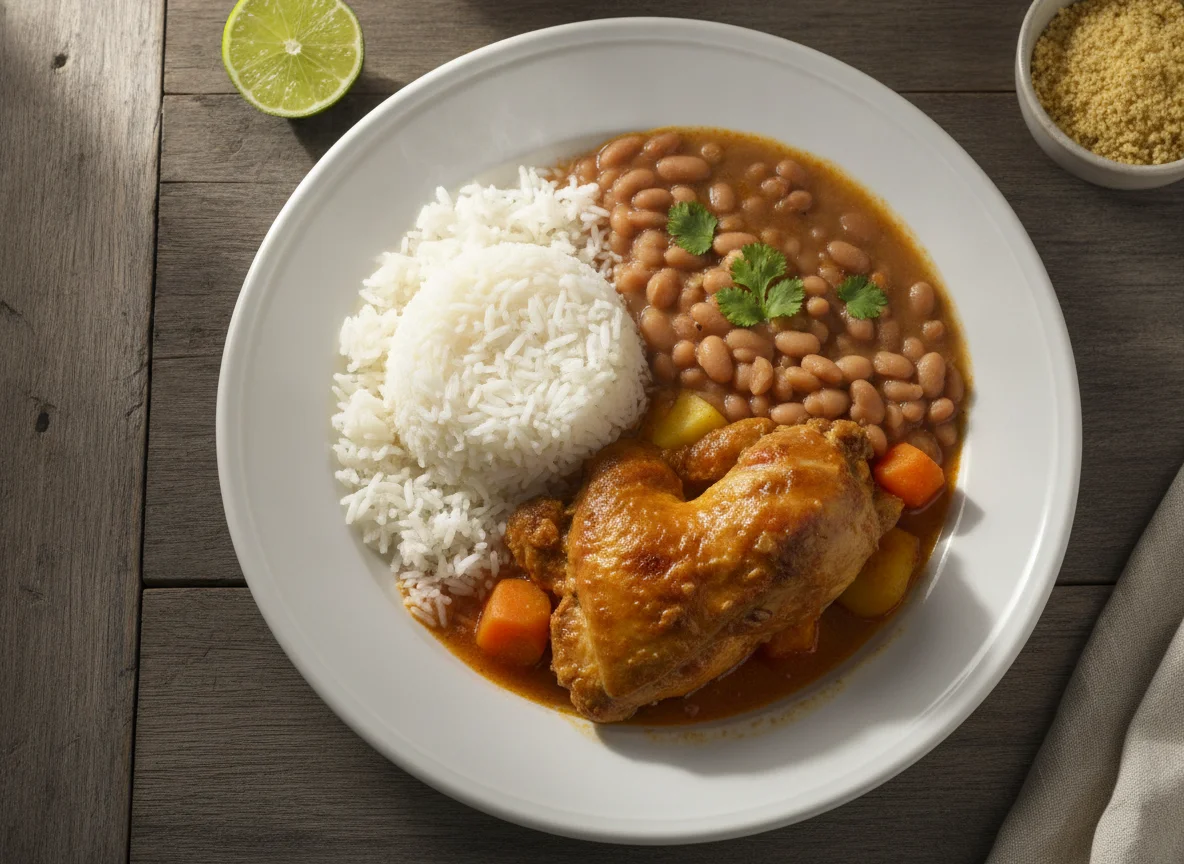 Arroz, feijão carioca e frango ensopado photo