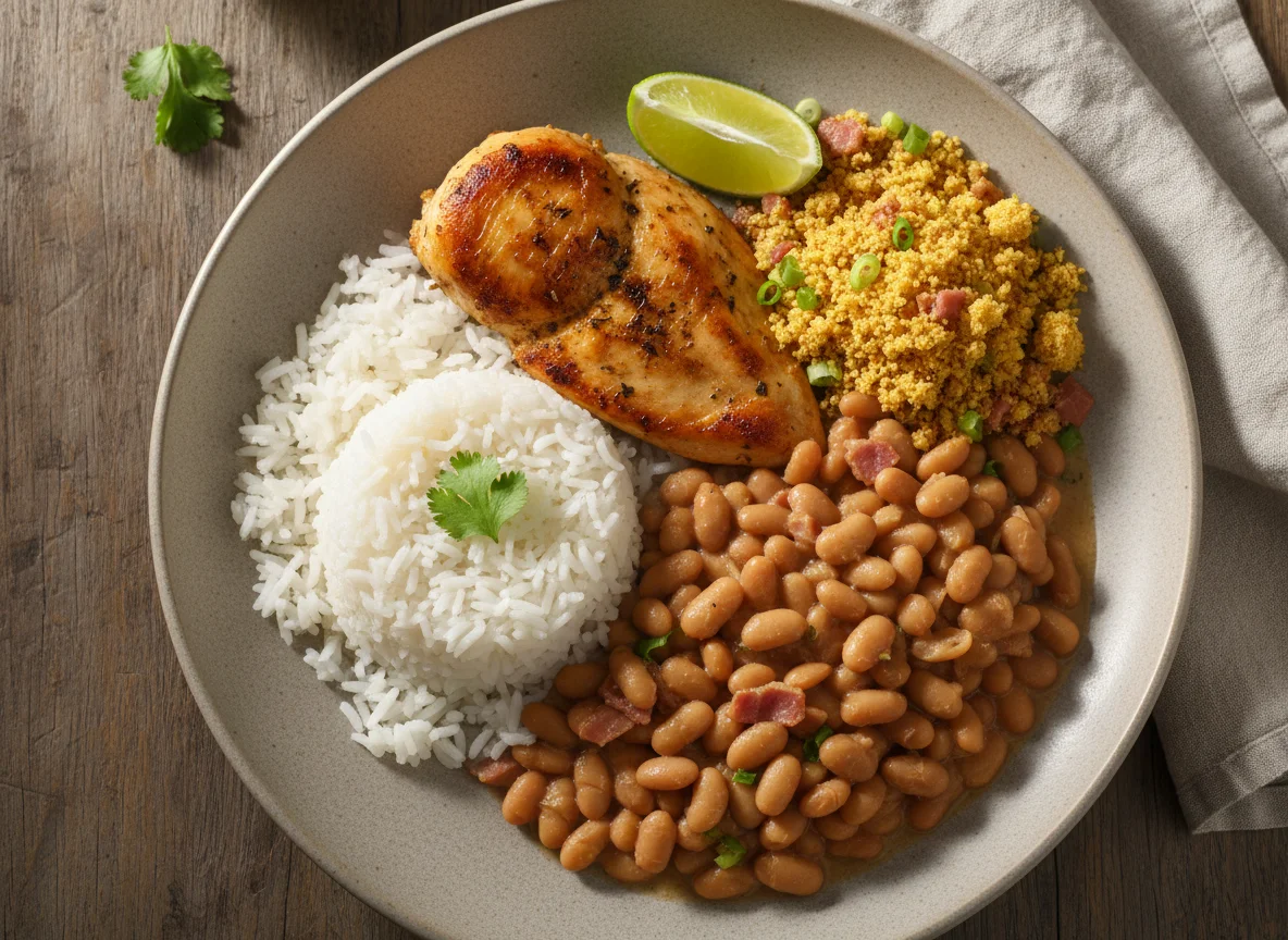 Arroz, feijão carioca, frango e farofa photo