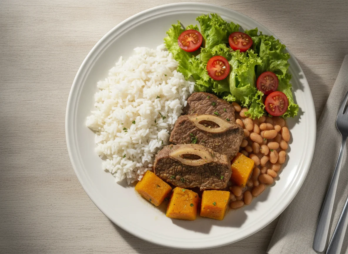 Arroz, feijão carioca, paleta bovina com abóbora e salada photo