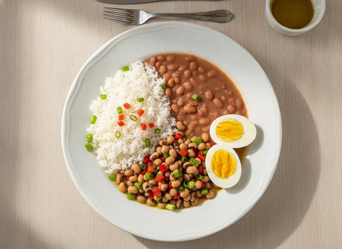 Arroz, feijão carioca, salada de feijão fradinho e ovos cozidos photo