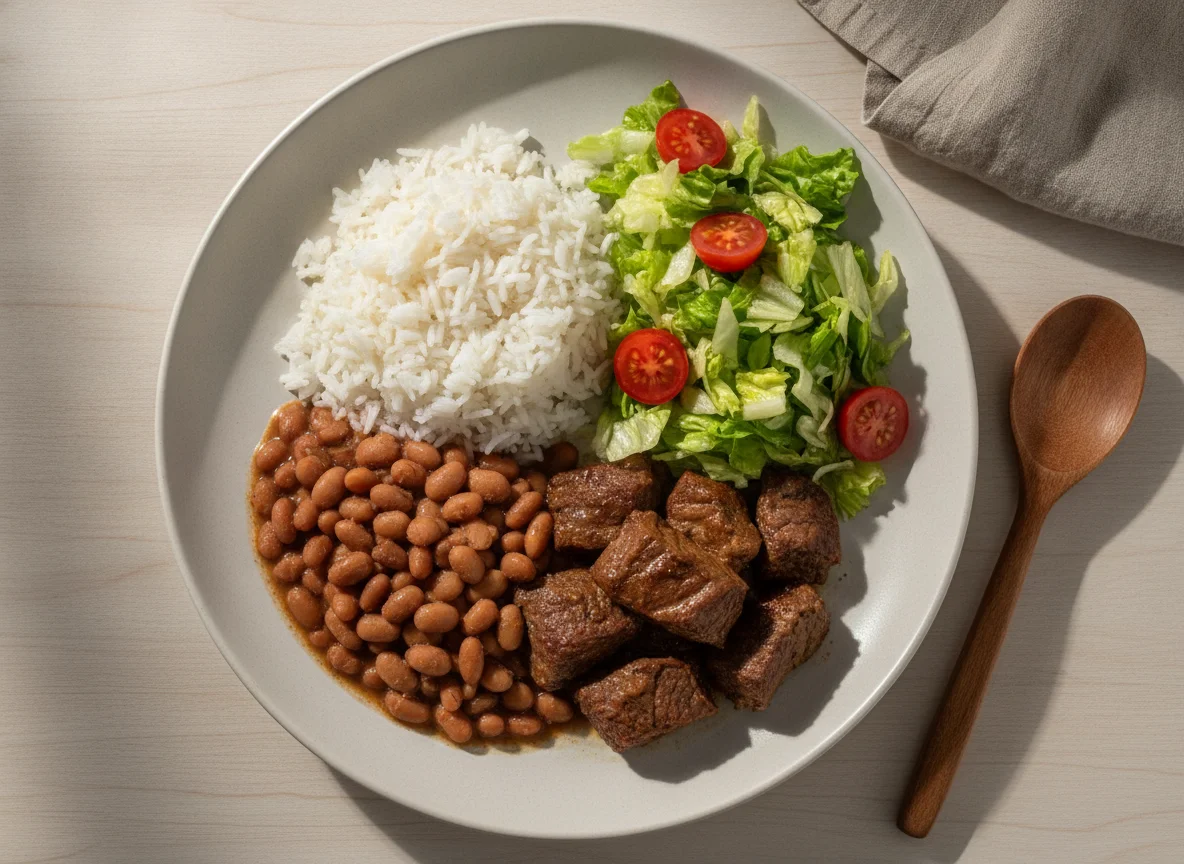 Arroz, feijão, carne bovina e salada photo