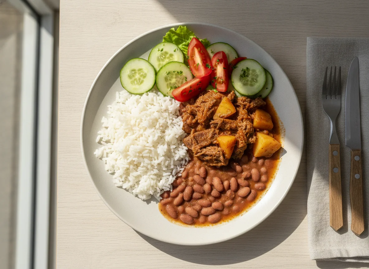 Arroz, feijão, carne cozida com batata e salada photo