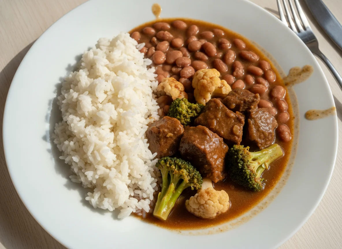 Arroz, feijão, carne cozida com legumes photo