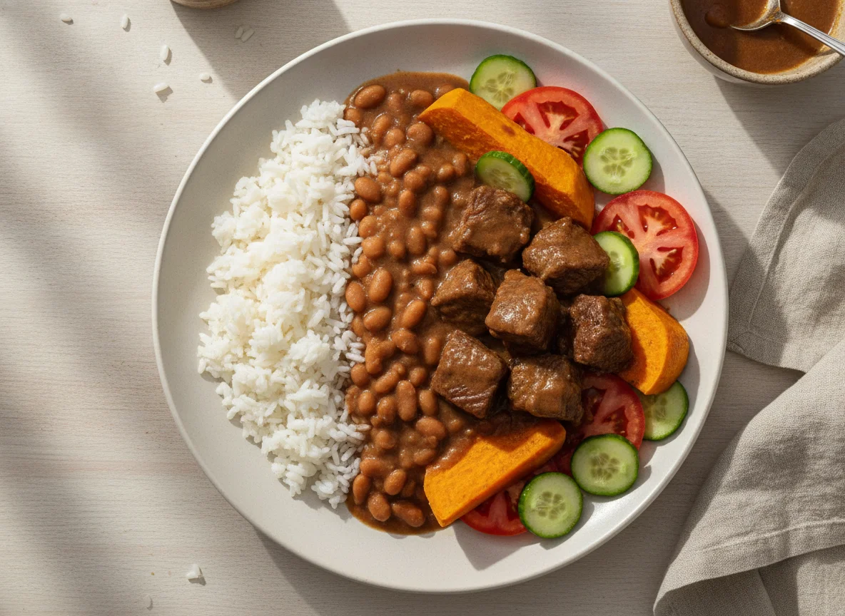 Arroz, feijão, carne cozida com legumes e salada photo
