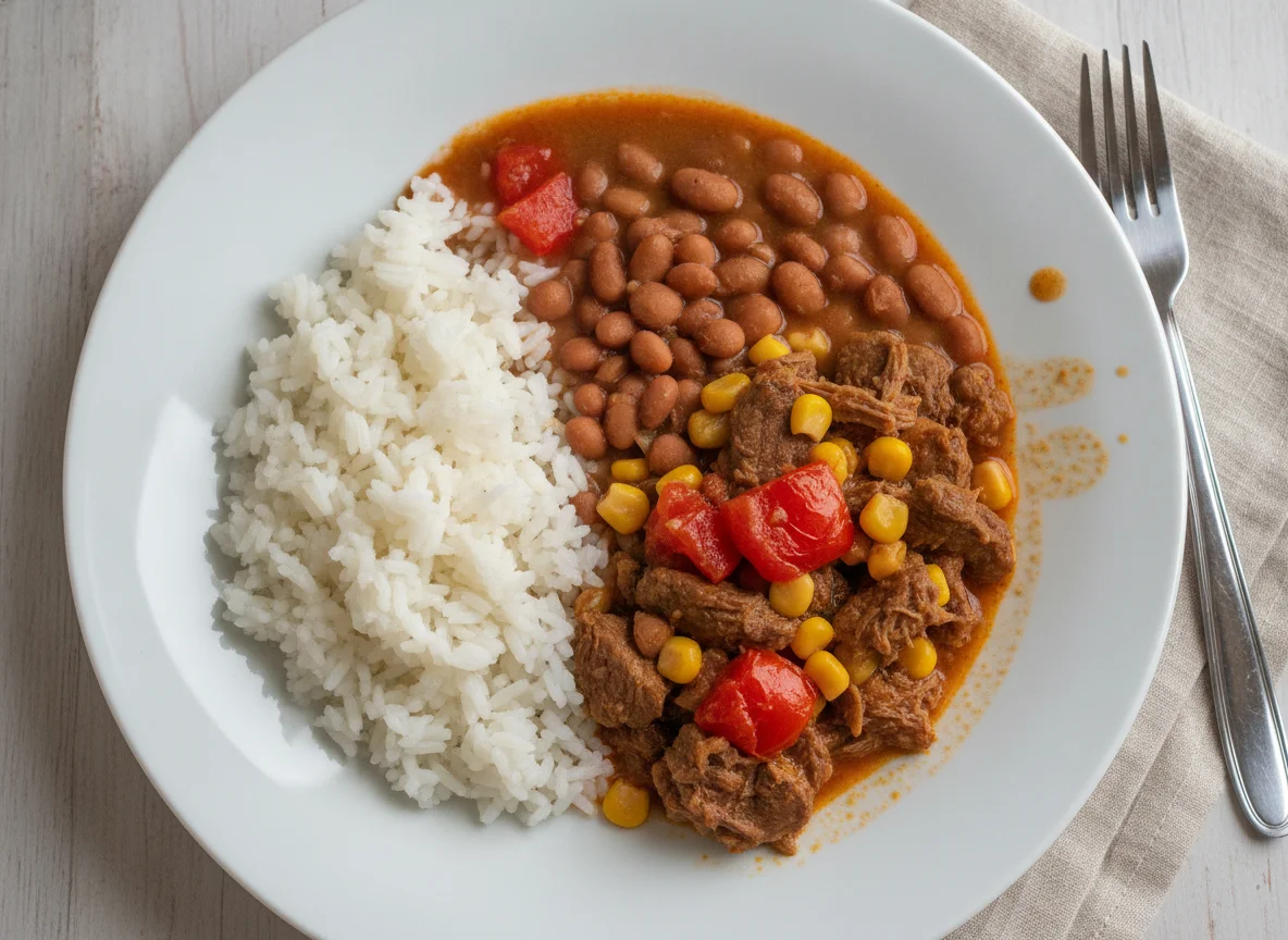 Arroz, feijão, carne cozida com milho e tomate photo