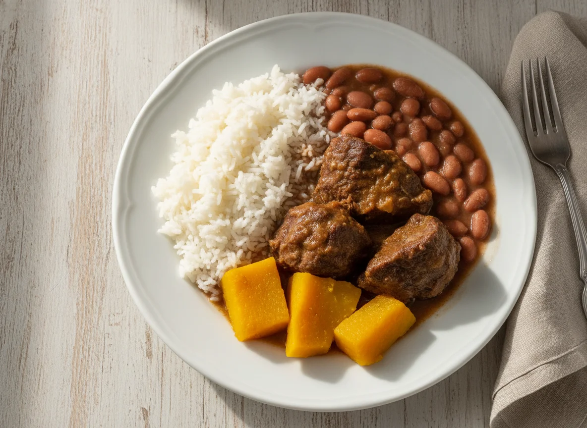 Arroz, feijão, carne cozida e abóbora photo