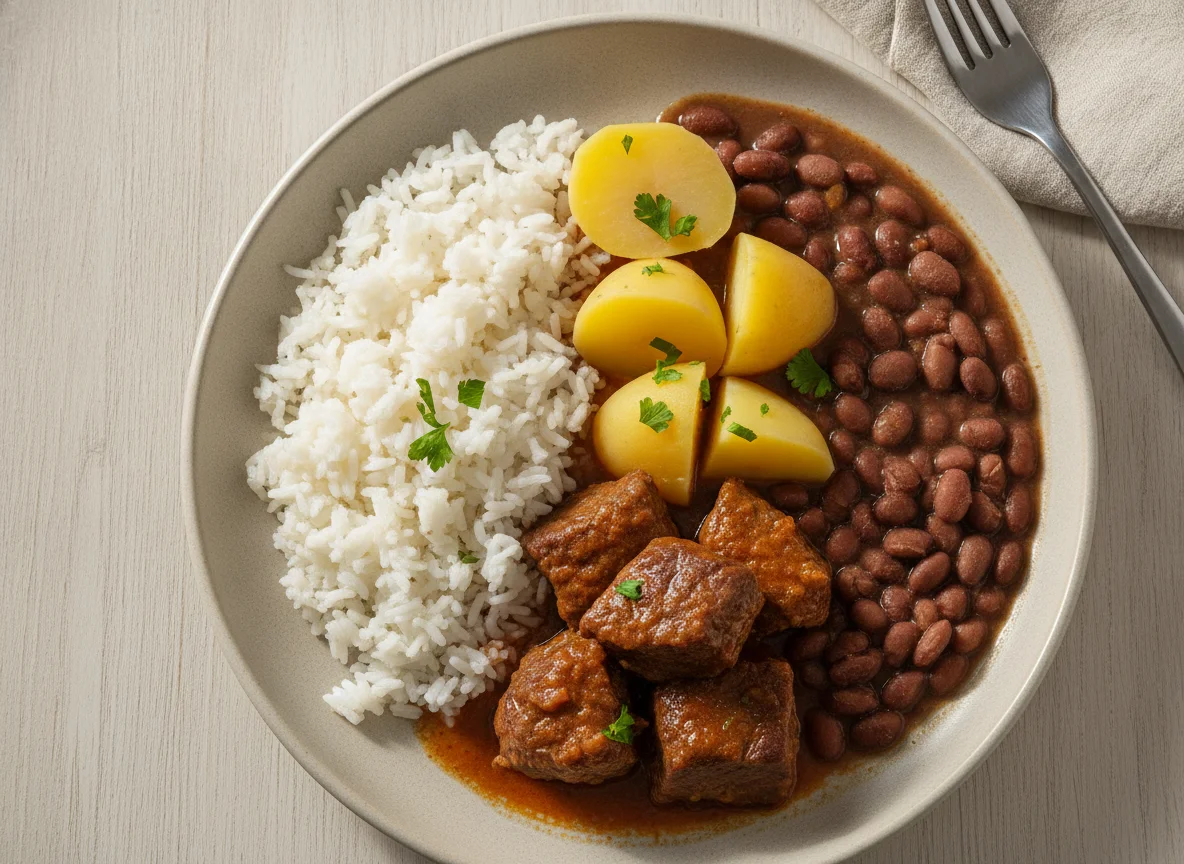 Arroz, feijão, carne cozida e batata photo