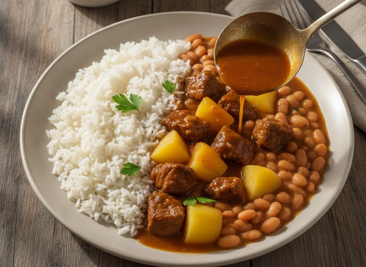 Arroz, feijão, carne cozida e batatas photo
