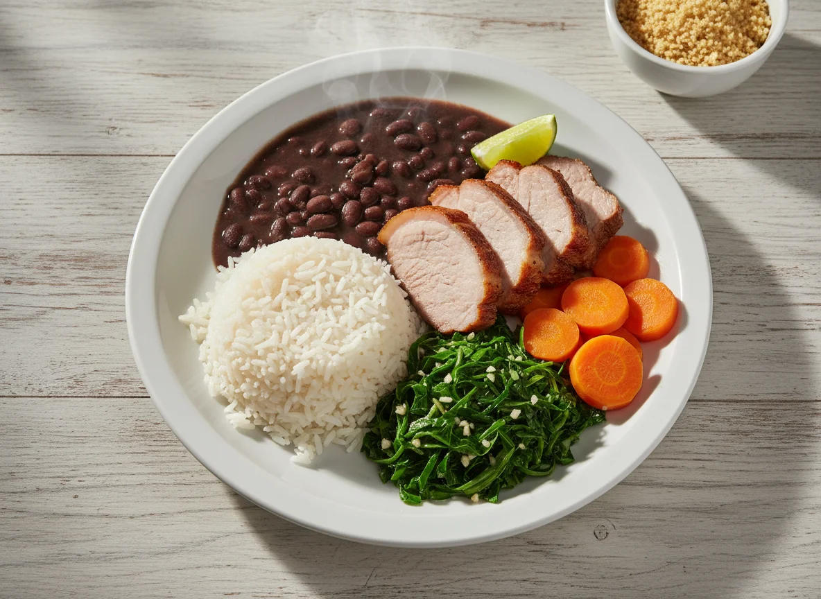 Arroz, feijão, carne de porco, couve e cenoura photo