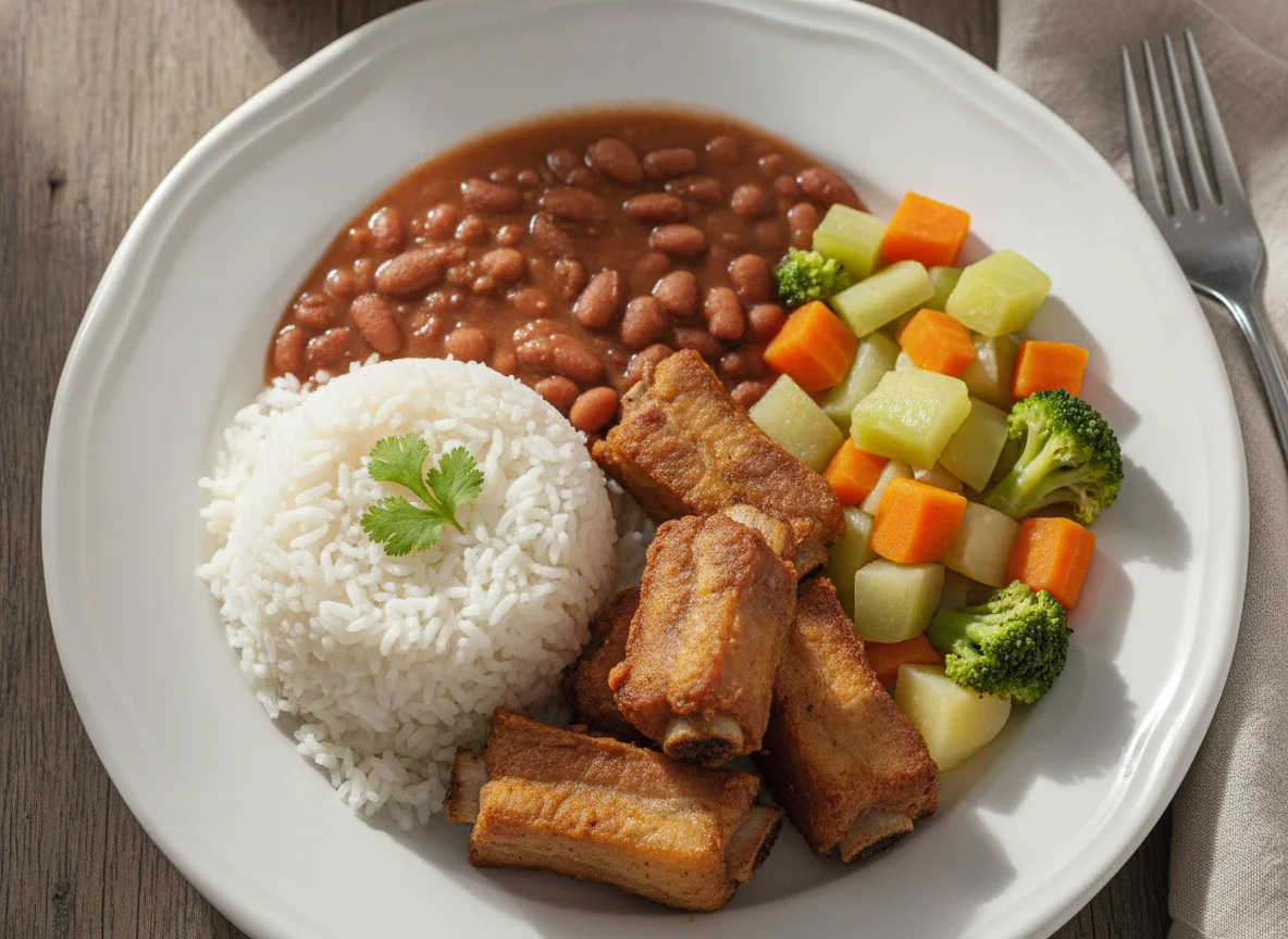 Arroz, feijão, carne de porco e legumes cozidos photo