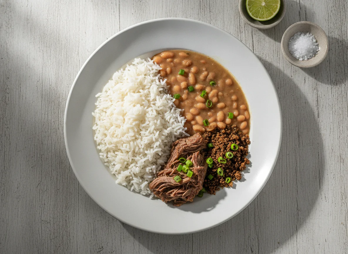 Arroz, feijão, carne e farofa photo