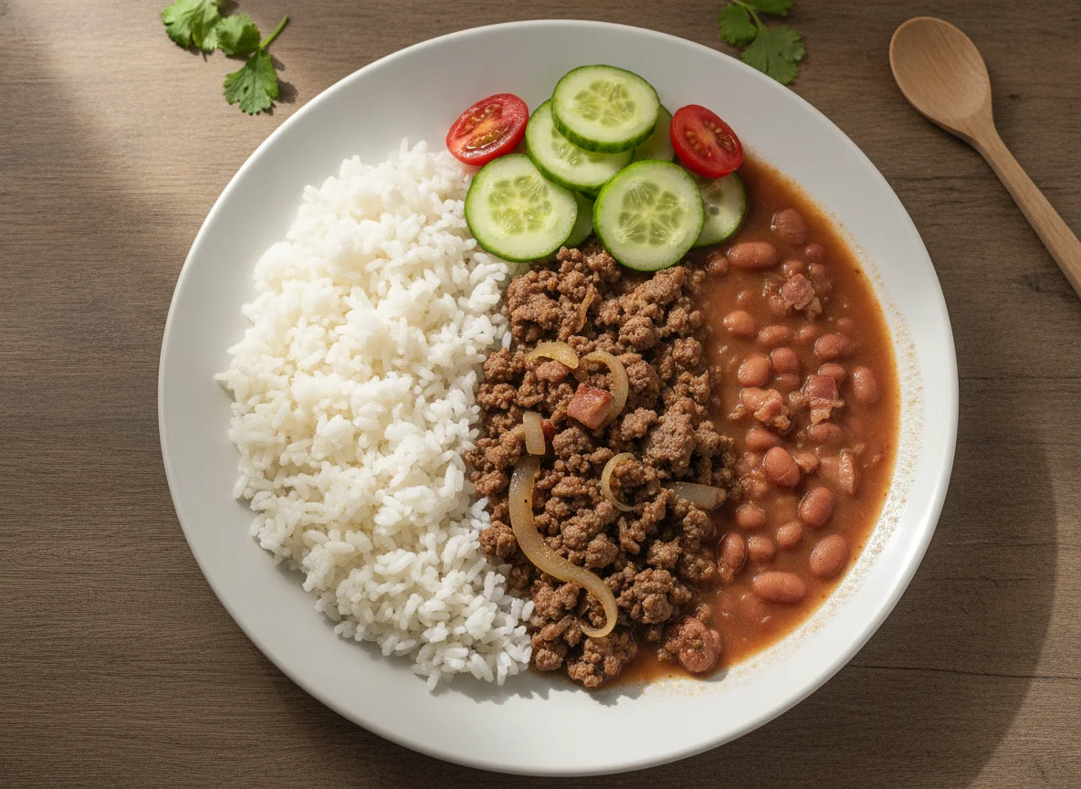 Arroz, feijão, carne moída acebolada e salada de pepino photo