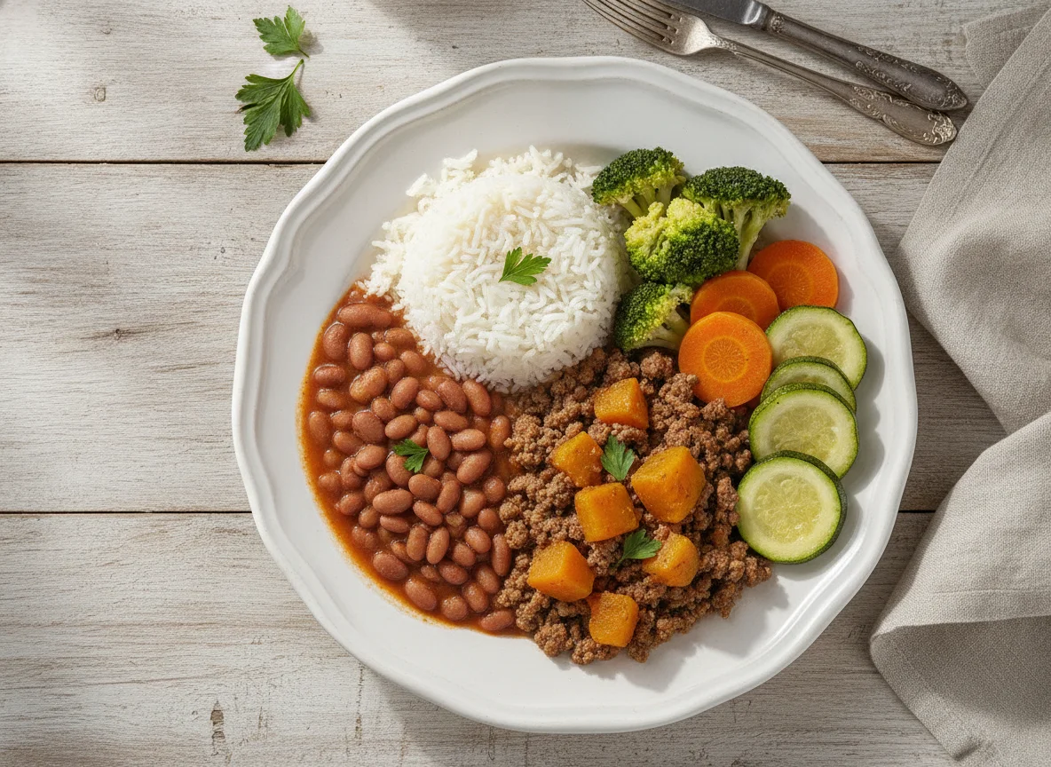 Arroz, feijão, carne moída com abóbora e legumes no vapor photo