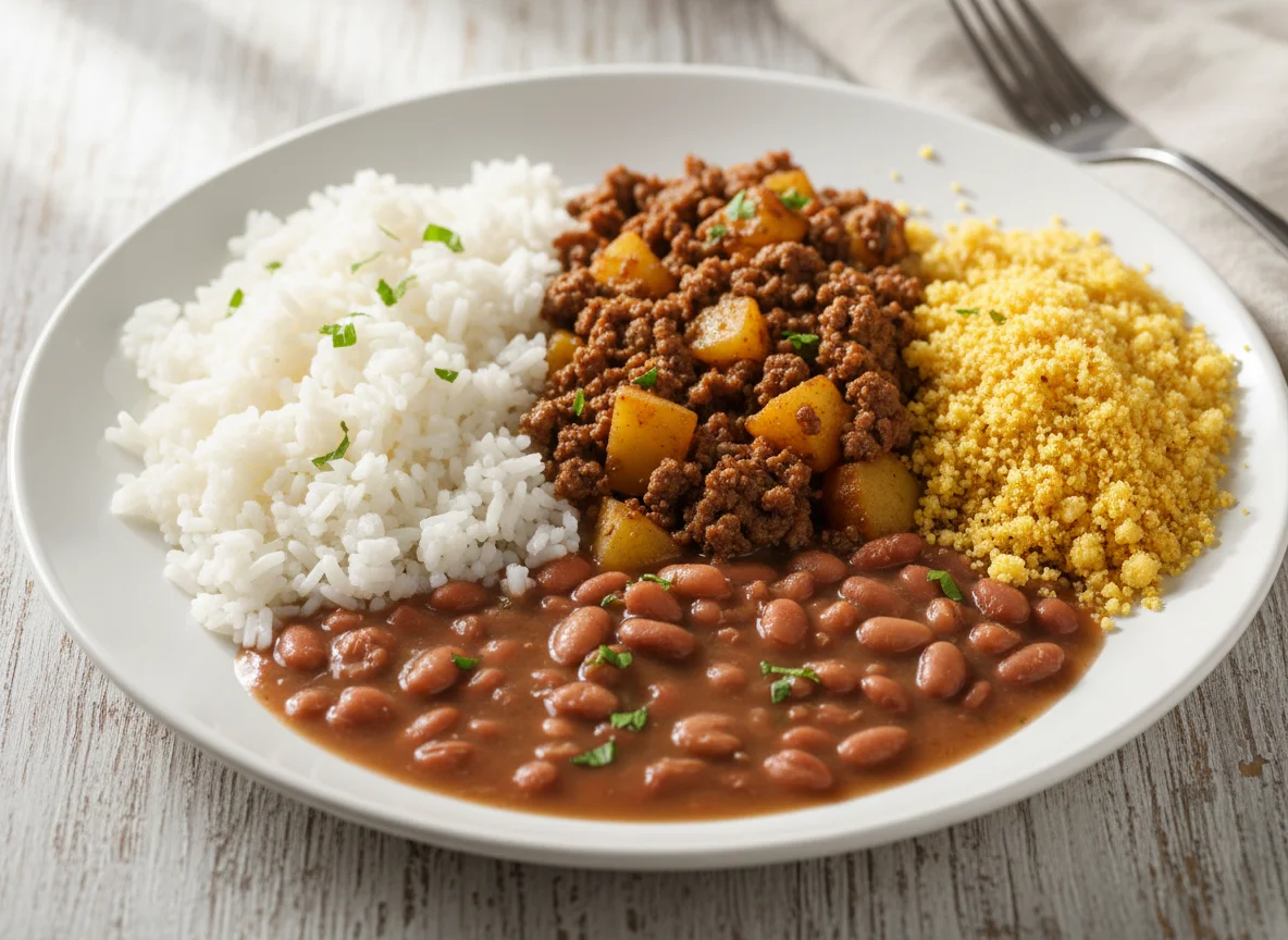 Arroz, feijão, carne moída com batata e farofa photo