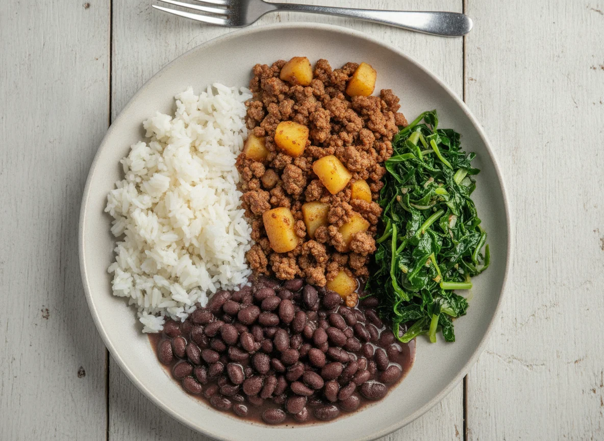Arroz, feijão, carne moída com batatas e couve refogada photo
